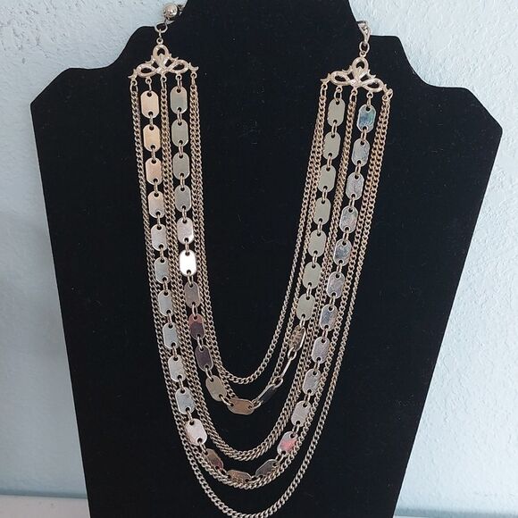 Silver Tone Multilayered Chains Statement Necklace - Picture 2 of 5